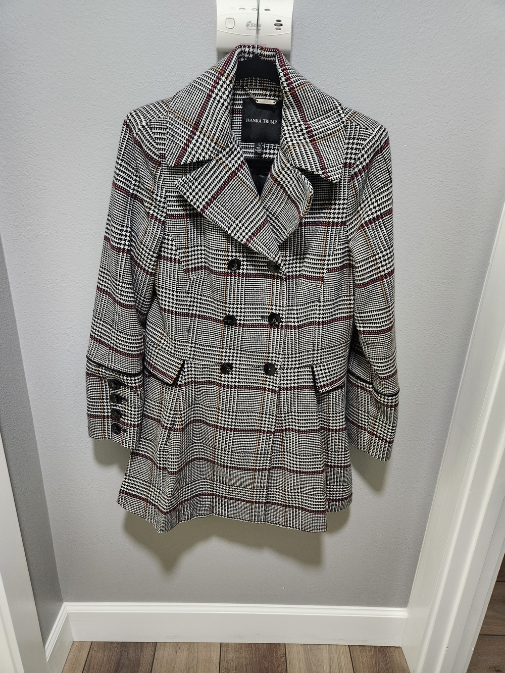 Dana Buchman Black White and Red Plaid Double-Breasted Peacoat
